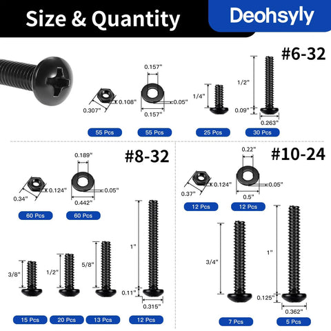 381 Piece Machine Screws Nuts And Bolts Kit With Case DIY Ready For Quick Repairs And Projects Includes 6-32 8-32 10-24 Phillips Pan Head Stainless Steel Bolts Nuts And Flat Washers In Black Oxide 304 Stainless Steel Variety Pack with size and quantity details.