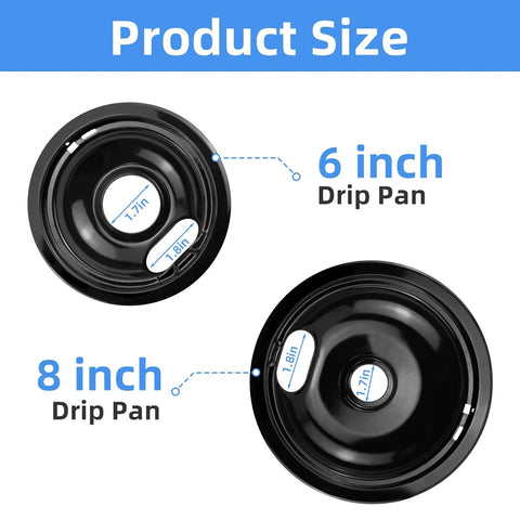 Electric Stove Drip Pan Set 8 Inch And 6 Inch Replacement Bowls WB31M19 WB31M20 2 Pack Black sizes labeled