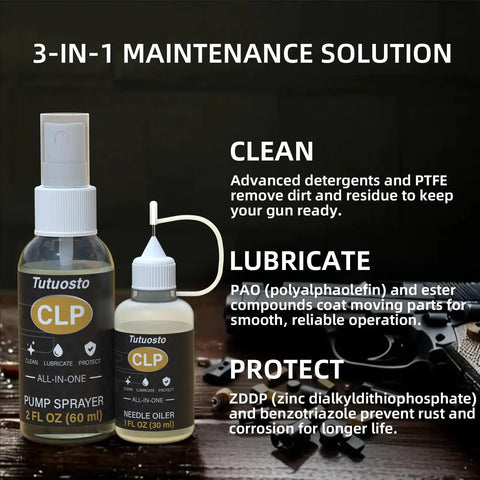 All In One Gun Lube And Cleaner Kit With Two Oz And One Oz Needle Oiler for cleaning, lubricating, and protecting firearms