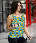 Woman wearing Sunglasses Print Tank Top For Women, Dry Fit Sleeveless Workout Tee in gym, showcasing fitness with weights.