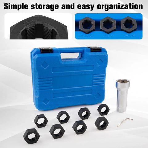 Marvelity 10-piece axle spindle thread chaser set with 8 dies and 1-1/16-inch extension bar in blue case