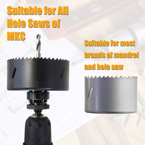 Black and silver hole saws on a drill, suitable for mandrel, illustrating compatibility for all MKC models.