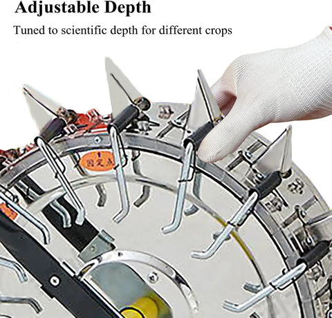 Close-up of adjustable depth mechanism on Back-Friendly Garden Seeder Row Planter Hand Push Seeder With 16 Holes Walk Behind Row Crop Planter.