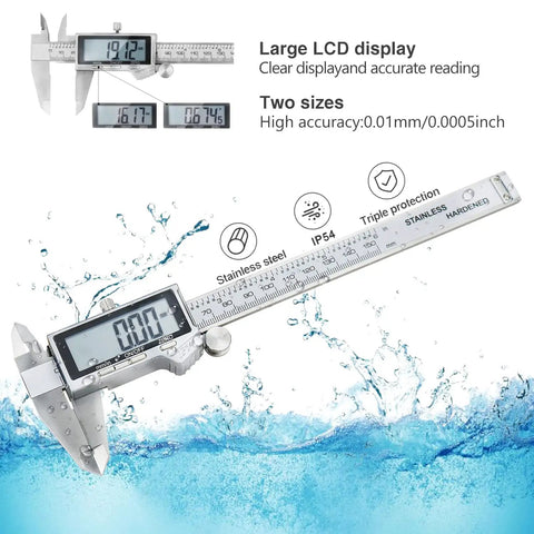 IP54 Waterproof Digital Caliper With Stainless Steel Build, Huge LCD Display, Vernier Caliper, Auto Off, Inch And Millimeter Conversion, 6 Inch And 150 mm Precision Measuring Tool For Home And Shop, shown with water resistance.