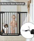 Baby and cat behind Extra Wide Baby Gate For Stairs And Doorways 30 Inches Tall With Three Extensions Adjustable 29.3 To 46 Inches Auto Close