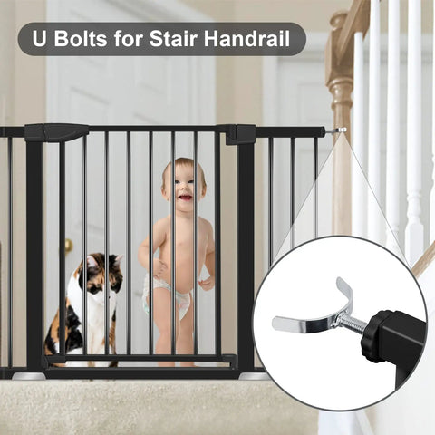Baby and cat behind Extra Wide Baby Gate For Stairs And Doorways 30 Inches Tall With Three Extensions Adjustable 29.3 To 46 Inches Auto Close