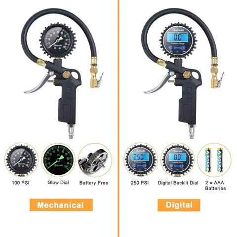 AstroAI tire pressure gauge with inflator; two models shown: mechanical 100 psi analog and digital 250 psi with cases.