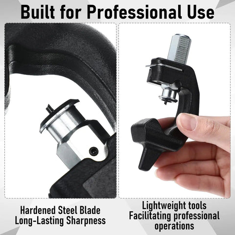 Close-up of Cable Stripper With Adjustable Blade Depth For 6 To 28 mm Wires, showing hardened steel blade and hand-held tool.