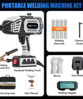 Portable Handheld Welder 110V IGBT Inverter kit with ARC gun, 20 rods, gloves, goggles, carrying case, and accessories.