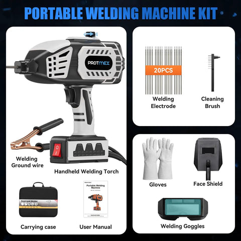 Portable Handheld Welder 110V IGBT Inverter kit with ARC gun, 20 rods, gloves, goggles, carrying case, and accessories.