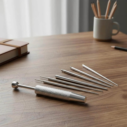 6 Piece Piercing Ball Grabber Kit Pro Grade Stainless Steel Piercing Tools for Easy Jewelry Changes on a wooden table.