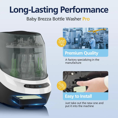 4 Pack HEPA Filter Replacement For Bottle Washer Pro Fits Tight And Keeps It Fresh, shown installed in Baby Brezza Bottle Washer Pro