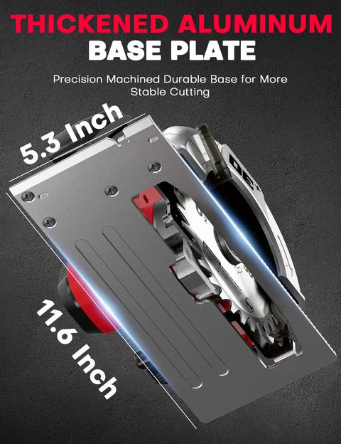 This Badass 6.5 Inch Cordless Circular Saw Packs An 8000 Rpm Brushless Motor Built For Milwaukee M18 Batteries showing thickened aluminum base plate.