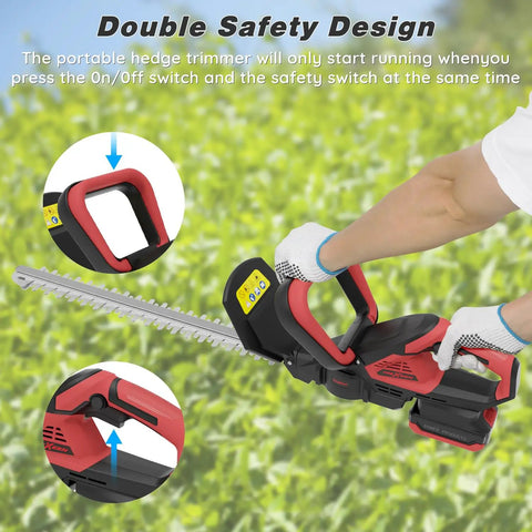 Cordless Hedge Trimmer With Twenty Two Inch Dual Action Blade for Quick Hedge Shaping with double safety design feature