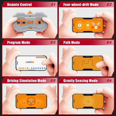 Remote Control Hypercar Building Kit With Five Fast Motors, 1835-Piece Set features remote, drift, program, and path modes.