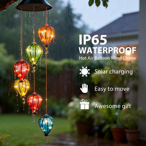 Solar Wind Chimes Outdoor Lights With 30 Warm White LEDs Hot Air Balloon Style Hanging Decor in rain with IP65 waterproof