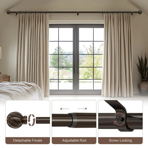 Bronze Curtain Rods for Windows Adjustable 48 to 84 Inches Heavy Duty Diameter Seven Eighths Inch Brown Finish with Decorative Finials