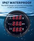 3-in-1 marine gauge kit displaying water temperature, oil pressure, and voltmeter, submerged in water, IP67 waterproof feature highlighted.