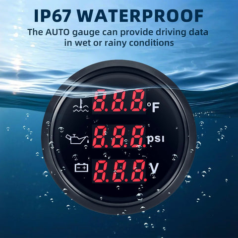 3-in-1 marine gauge kit displaying water temperature, oil pressure, and voltmeter, submerged in water, IP67 waterproof feature highlighted.