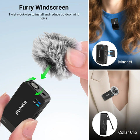 Close-up of AI Wireless Lavalier Microphone with furry windscreen, magnet clip, and collar clip for outdoor use.