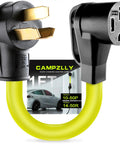 Rock Solid 50 Amp Ev Charger Adapter Cord Converts Nema 10 50P Male To 14 50R Female Outlet for Level 2 charging with bright yellow wire.