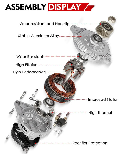 Exploded view of alternator components for Alternator Replacement For Nissan Rogue Altima Sentra And Rogue Select 2.5L 12V 110A
