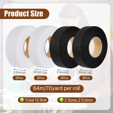 12 Roll Iron On Hem Tape Set No Sew Fabric Fusing Tape In 0.75 Inch And 1 Inch Widths White And Black 64 M Each Roll Perfect For Pants Curtains Shirts And DIY Crafts shown in packaging with size details