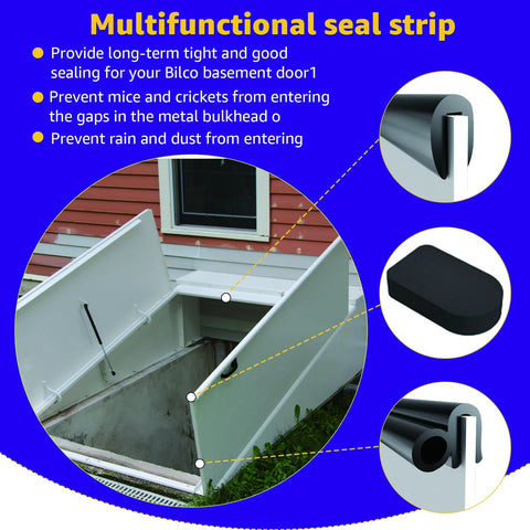 Front view of basement door weatherstrip kit components: U-shaped gasket, bulb trim gasket, cap seal pads.