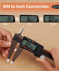 12 Inch Digital Caliper With Large LCD Screen Auto Off Pro Grade Digital Vernier Ruler showing mm, inch, fraction conversion.