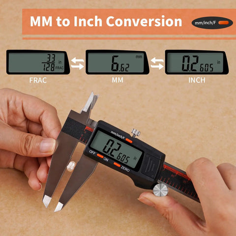 12 Inch Digital Caliper With Large LCD Screen Auto Off Pro Grade Digital Vernier Ruler showing mm, inch, fraction conversion.