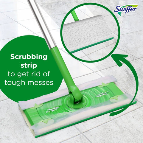 2-In-1 Floor Mop And Sweeper Starter Kit With 1 Mop And 19 Refills, dry cloth attached, highlighting scrubbing strip on tile floor.
