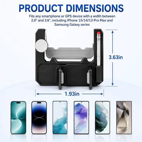 Front view of Flip Up Golf Cart Steering Wheel Phone Mount With 360 Adjustable Smartphone Holder and Clever Scorecard Slot dimensions 3.63x1.93 inches.