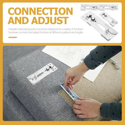 4 Pack Metal Sectional Couch Connectors for Beds and Sofas installation shown with heavy duty iron clips flush mount on sofa