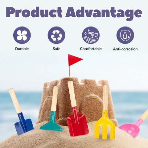 Five Piece Kids Garden Set With Metal Handle Tools For Ages 3 To 8, Fun Beach Sand Toys displayed on sand with a sandcastle backdrop.