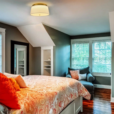 Bedroom with Contemporary Flush Mount Ceiling Light With Fabric Drum Shade Dimmable LED And Three Color Temperatures