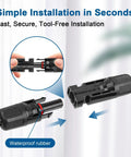 10AWG Solar Extension Cable 5 Ft 2 Pack Red And Black PV Wire With Solar Connectors showing tool-free installation step.