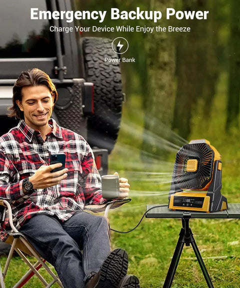 Man using Portable Camping Fan With Lights And 20000mAh Battery Powered Outdoor Fan With 3 Speeds and USB Rechargeable Power Bank