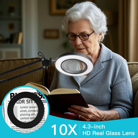 Woman reading a book using a 10X Magnifying Floor Lamp With Light And Stand 3 In 1 Hands Free Loupe, adjustable height from 31.5 to 70.9 inches.
