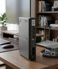 Premium Adjustable DC Ups Battery Backup For Home Routers Modems And Security Cameras With Smart Chip Management, sleek design on desk.