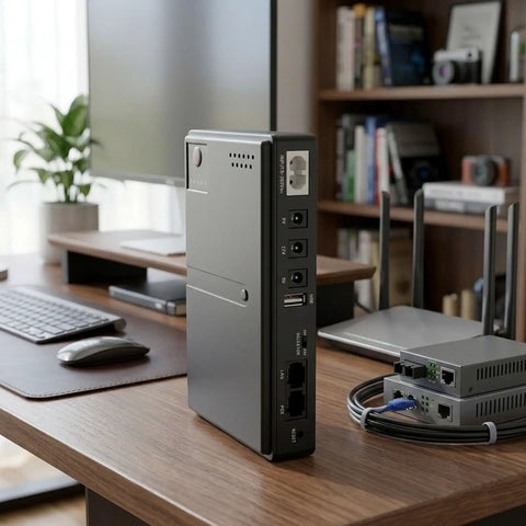 Premium Adjustable DC Ups Battery Backup For Home Routers Modems And Security Cameras With Smart Chip Management, sleek design on desk.