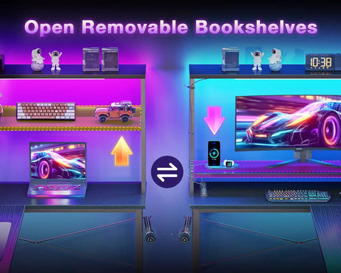 L Shaped Gaming Desk With LED Lighting And Built In Power Outlets showcasing open removable bookshelves