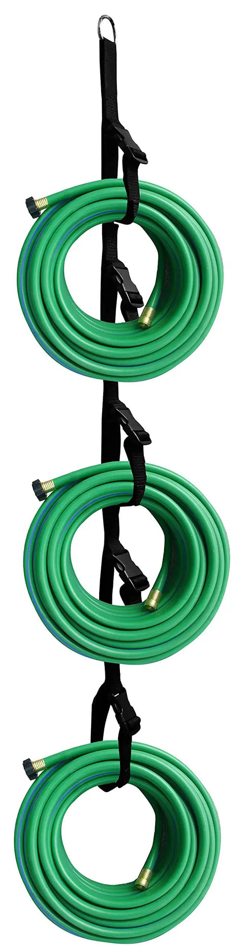Alt Tag: Two Pack Garage Organization System With Five Securing Loop Straps And Adjustable Buckles organizing green hoses