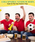 Three men in red shirts cheering with Six Pack Vuvuzela Stadium Horns 21 Inch Collapsible Plastic Trumpet Noisemakers at home