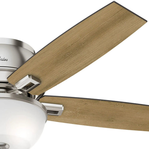 Donegan 52 Inch Brushed Nickel Low Profile Ceiling Fan With Dope LED Light Kit And Pull Chain, close-up of blades and frosted glass