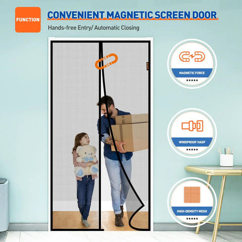 Father and daughter entering through Magnetic Screen Door For 32 By 96 Inch Doors with strong magnets and fiberglass mesh.