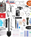 125 Piece Survival Kit For Outdoorsy Folks And Women, Ultimate Backcountry Emergency Gear with tools and accessories displayed