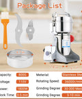 Electric Grain Mill Grinder 1800W High Speed Dry Grinding 800G Capacity 36000 RPM 304 Stainless Steel Body package list