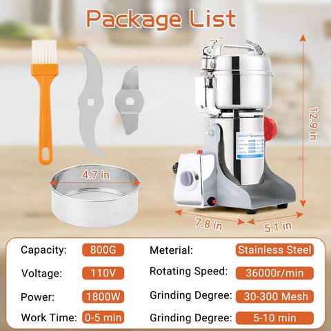 Electric Grain Mill Grinder 1800W High Speed Dry Grinding 800G Capacity 36000 RPM 304 Stainless Steel Body package list