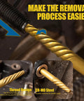 Close-up of Damaged Screw Extractor Set 13-Piece With Spiral Extractors And Double-Head Bits in use on a rusty bolt.