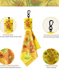 Seabbo microfiber glasses cloth set, 4pc with yellow sunflower print, double-sided, includes carabiner keychain.